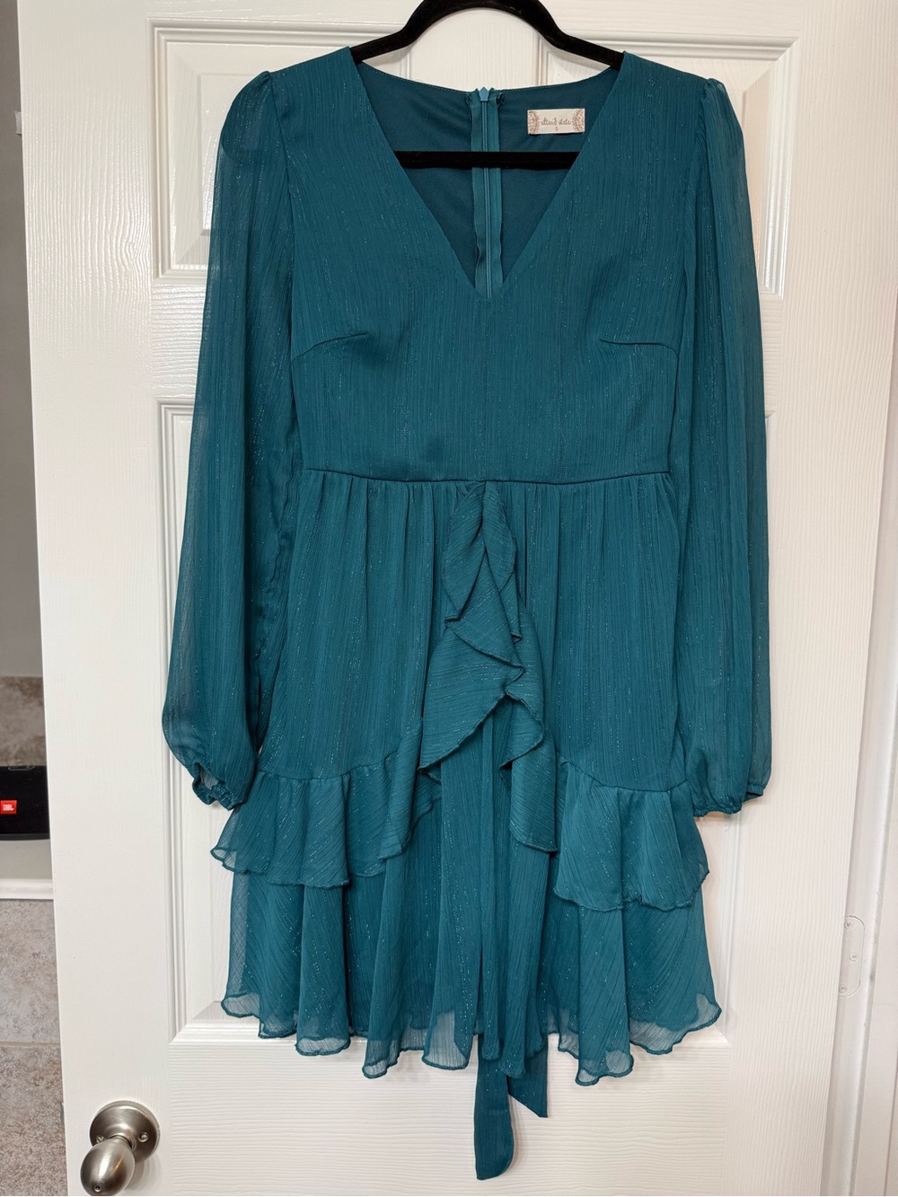 Altar'd State Teal Long-Sleeve Ruffled V-Neck Dress